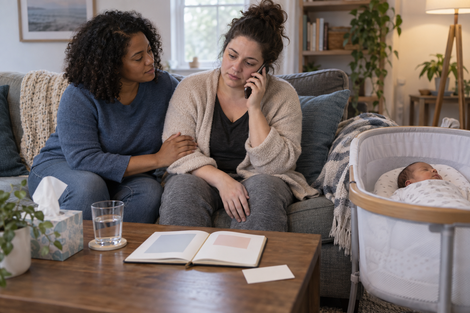 A postpartum parent makes a phone call beside a sleeping newborn while a trusted support person sits nearby.