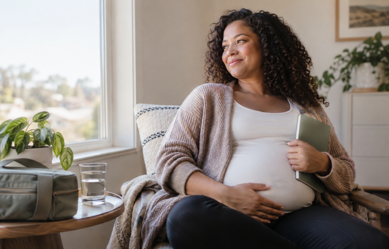 A pregnant person sits by a window with a hand on their abdomen, beside a pillow, water glass, prenatal notebook, and small travel bag.