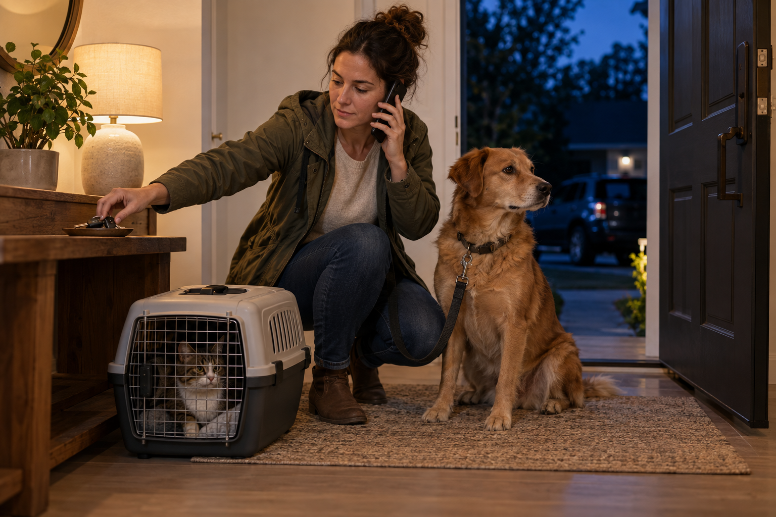 A pet owner calls for help while preparing a secured cat carrier, a leashed dog, and car keys near the doorway.