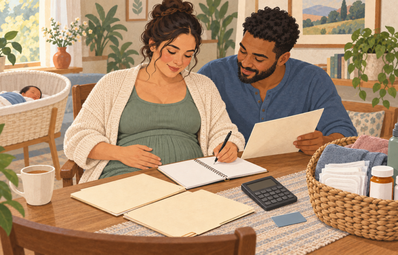A postpartum parent and partner review childbirth estimates at a table beside a basket of C-section recovery supplies and a nearby bassinet.