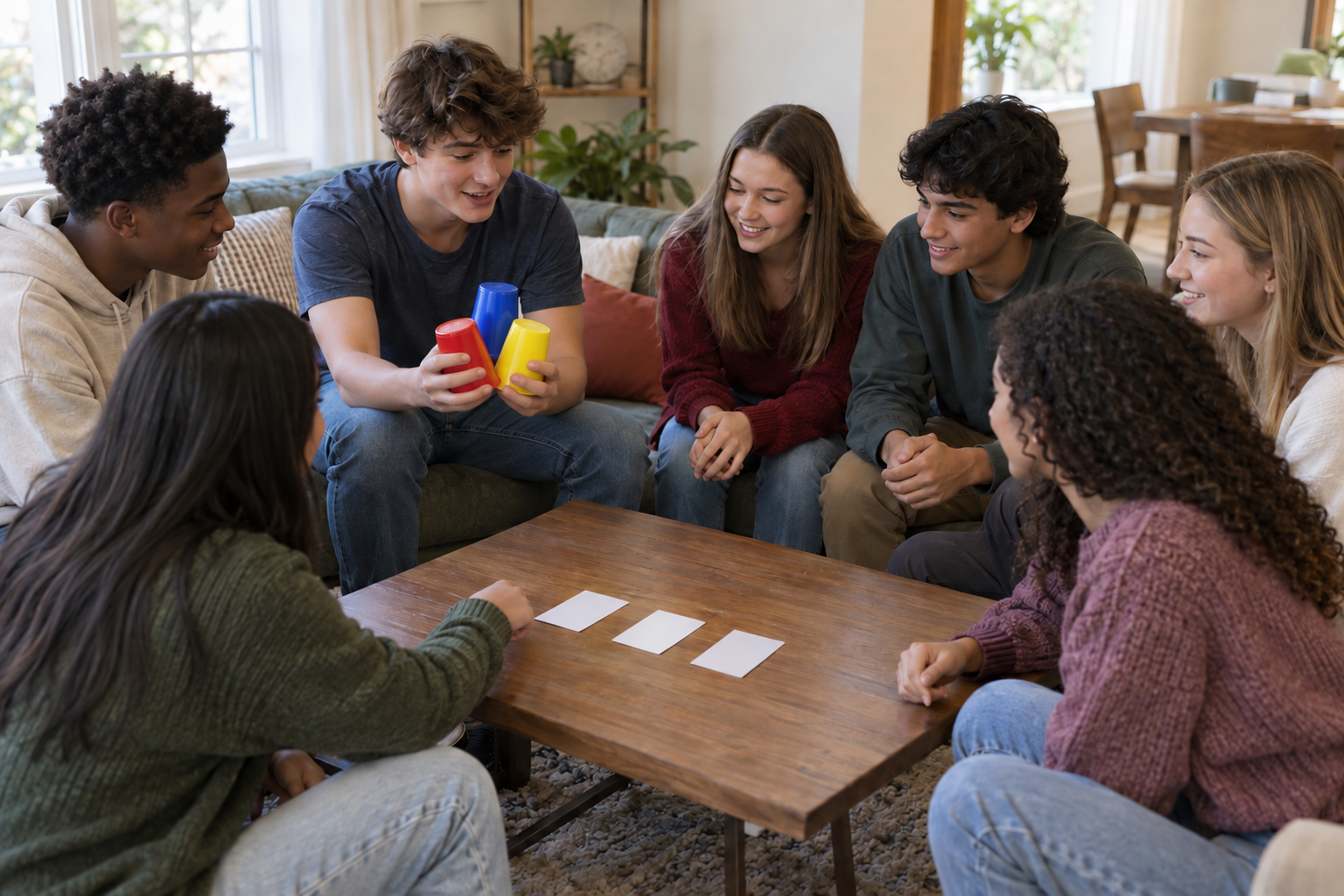 A teenager explains a simple cup-and-card game to six friends gathered around a low table.