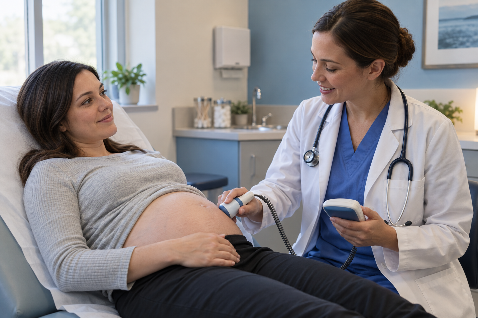 A clinician uses a handheld Doppler on a pregnant patient's abdomen during a prenatal examination.
