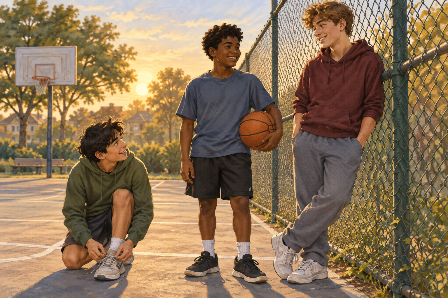 Three 13-year-olds of different heights and builds stand together beside an outdoor basketball court.