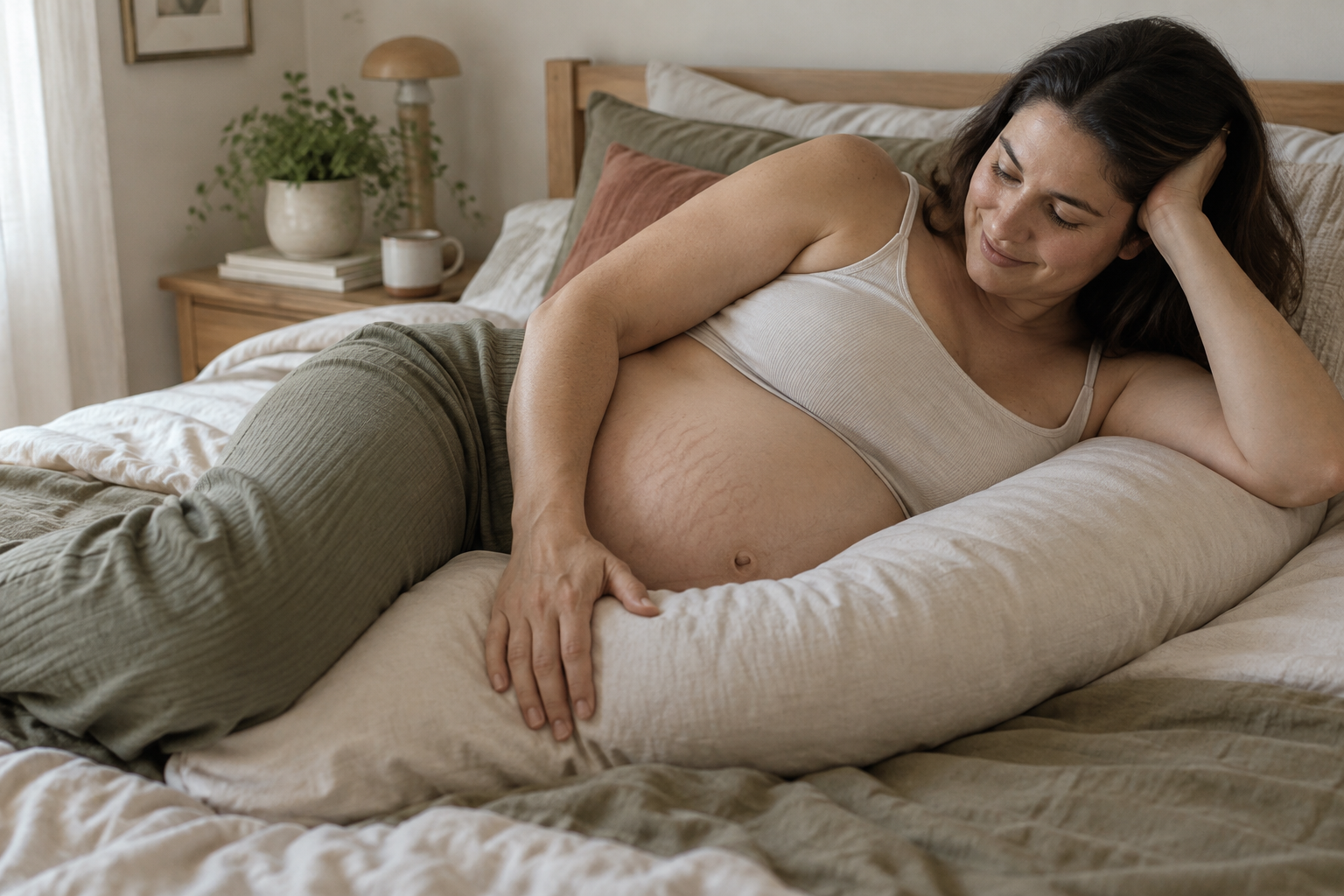 A pregnant person rests partly on their side with a body pillow, with natural stretch marks visible on the abdomen.