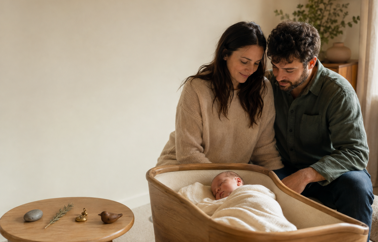 Two parents sit beside a wooden cradle and look at their sleeping newborn in a softly lit nursery, with several small keepsakes on a nearby table.