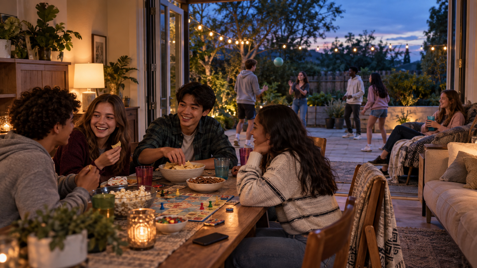 Teenagers move between a tabletop game, snacks, conversation, and a casual ball activity during a house party at dusk.