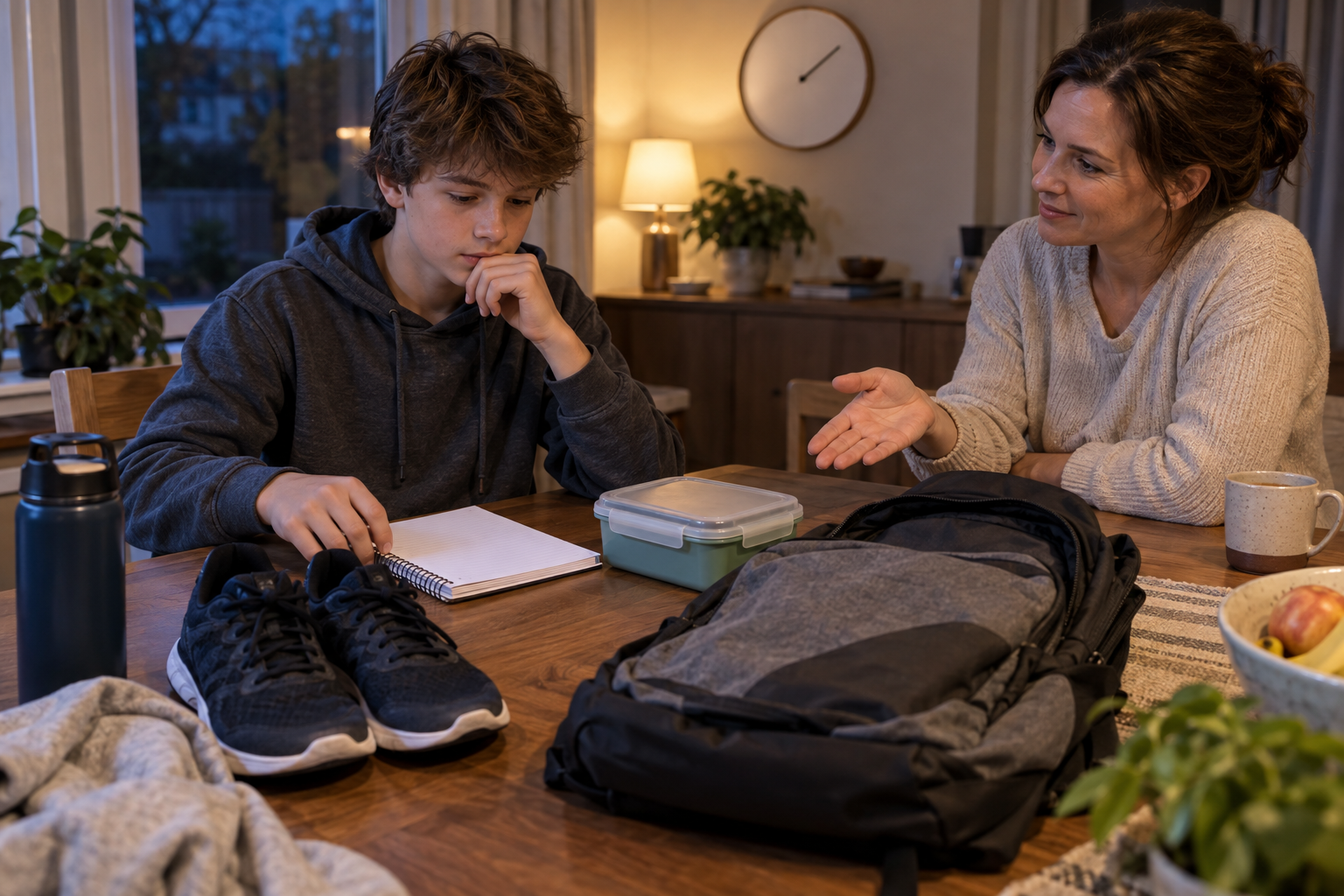 A teen organizes school and activity items at a table while a parent offers quiet guidance.