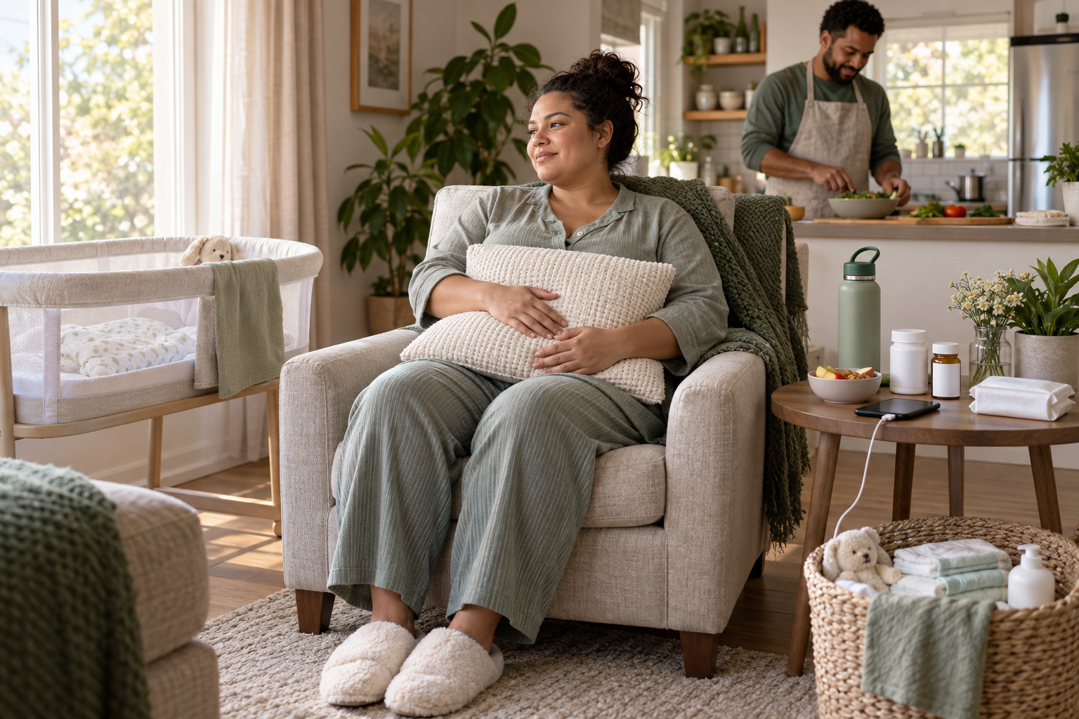 A parent resting in an armchair after a C-section with recovery supplies nearby while a partner prepares food beside a bassinet.