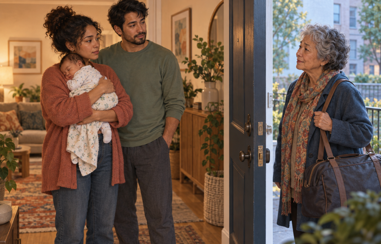 A new parent holds a sleeping baby inside a home while their partner stands nearby and an older relative waits outside the partially open front door.
