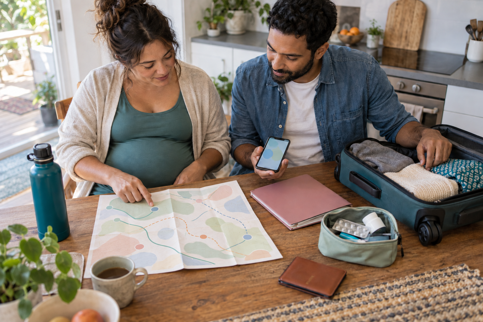 A pregnant traveler and companion review an unlabeled map while packing prenatal records, water, and other essentials into a carry-on bag.