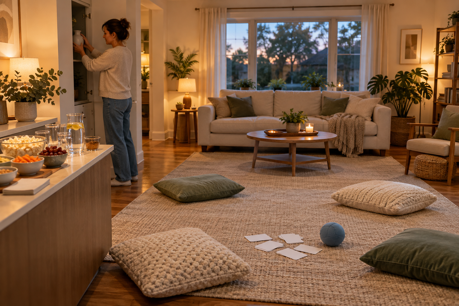 A parent prepares snacks, stores a fragile vase, and leaves an open living-room area ready for a teen party.