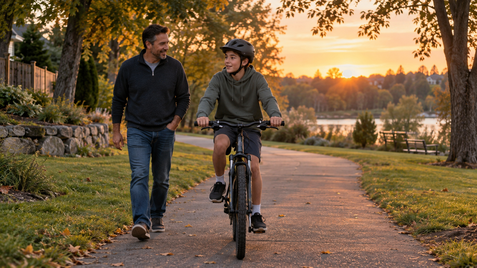 A helmeted 13-year-old rides a bicycle along a park path while a parent walks nearby.