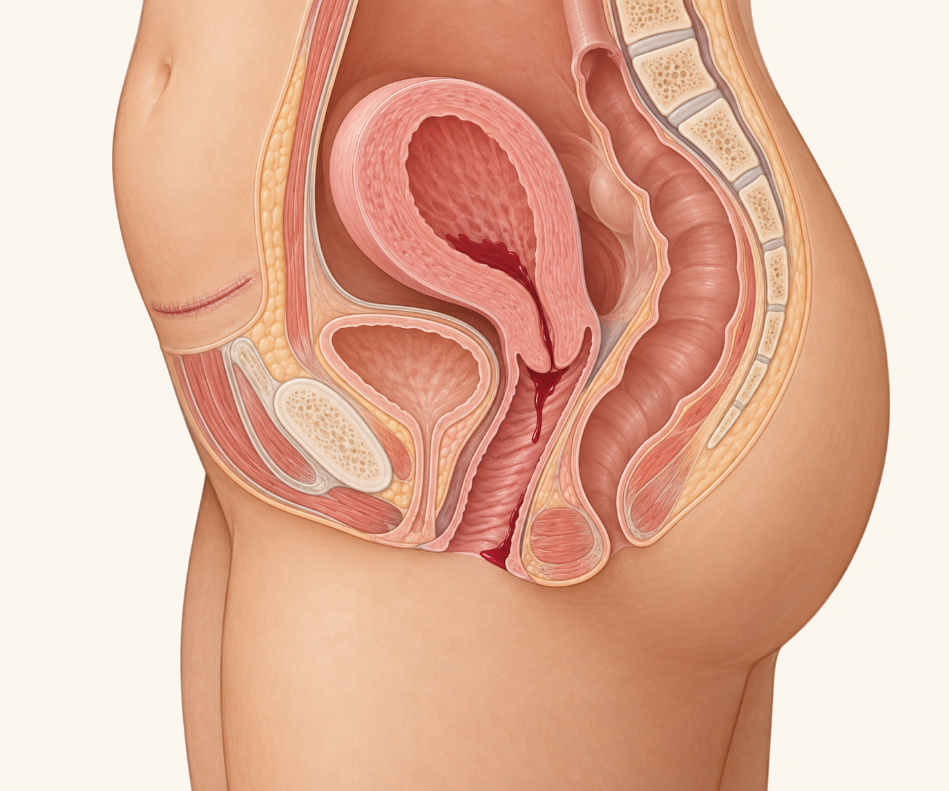 A simplified side-view medical illustration shows the postpartum uterus and vaginal canal, with a healing C-section incision and a small amount of postpartum discharge.
