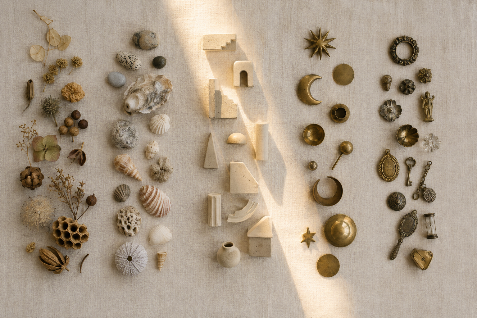 Botanical pieces, stones, shells, brass shapes, and vintage trinkets are arranged in separate lanes on a linen-covered table, with one group illuminated by sunlight.