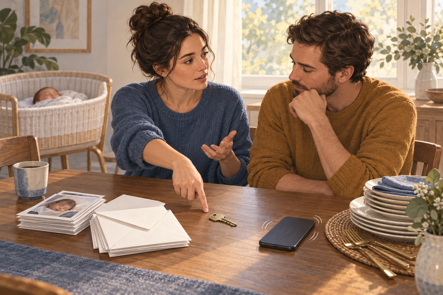 Two parents sit at a dining table with a phone, blank photo envelopes, a spare key, and holiday place settings while a baby sleeps nearby.