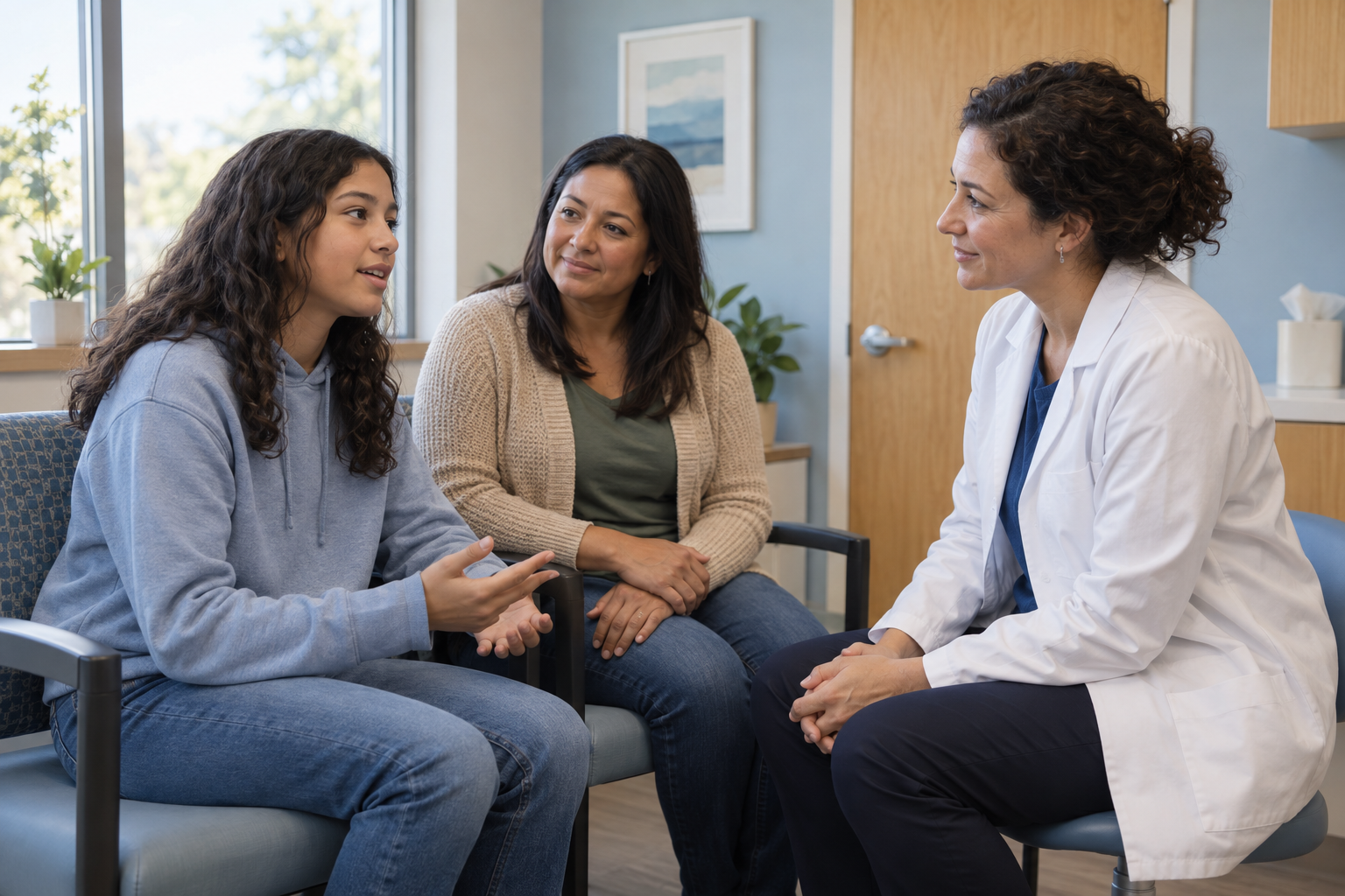 A 13-year-old and parent speak with a pediatric clinician in a bright consultation room.