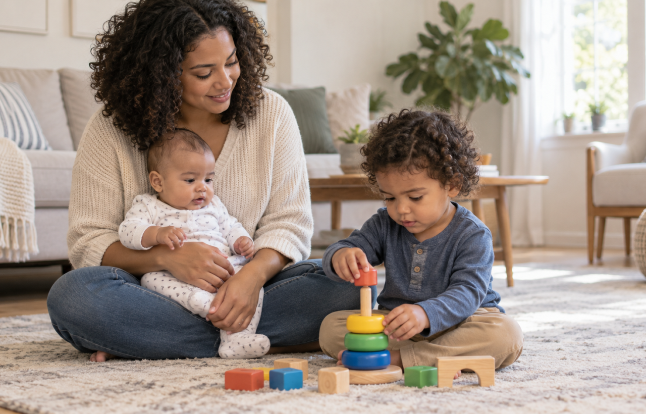 A parent calmly watches a baby on their lap and a toddler looking closely at a wooden toy in a bright living room.