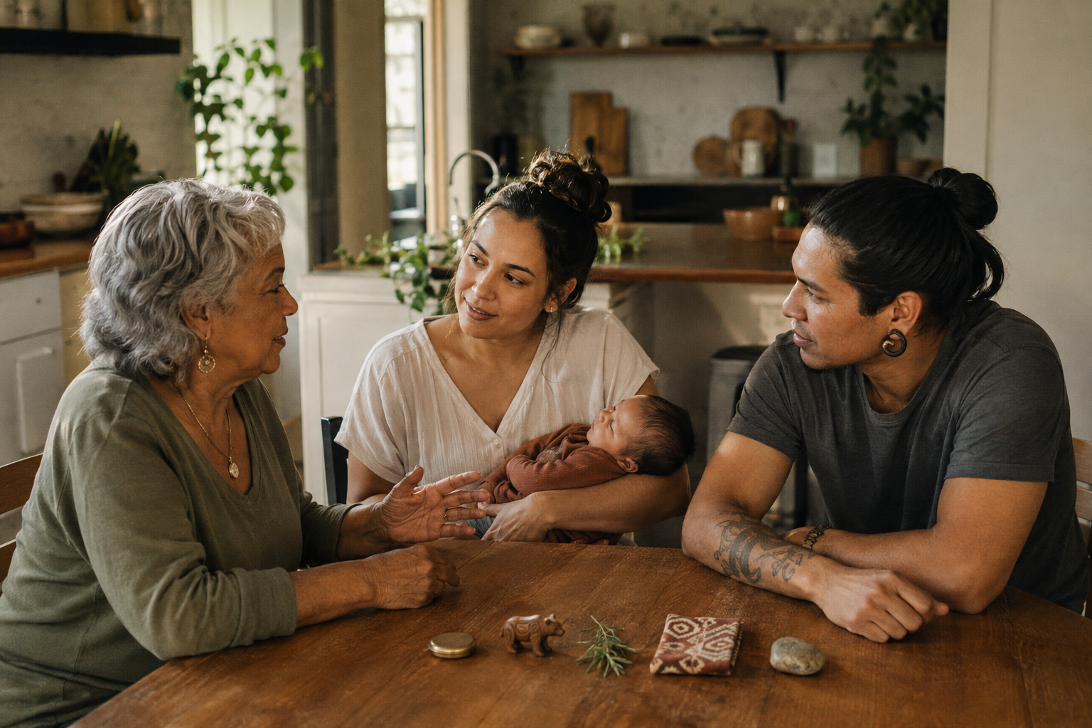 Three generations sit around a kitchen table with a newborn and several keepsakes, including a closed locket, carved animal, plant sprig, patterned fabric, and stone.