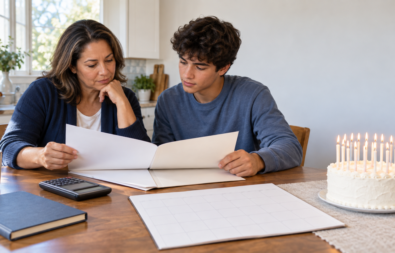 A parent and older teenager review blank legal papers beside an unmarked calendar, calculator, budget notebook, and birthday cake with eighteen candles.
