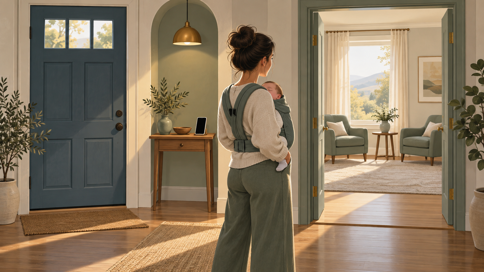 A parent carrying a sleeping baby stands in a hallway between a closed door, a phone on a table, and an open room with two chairs.