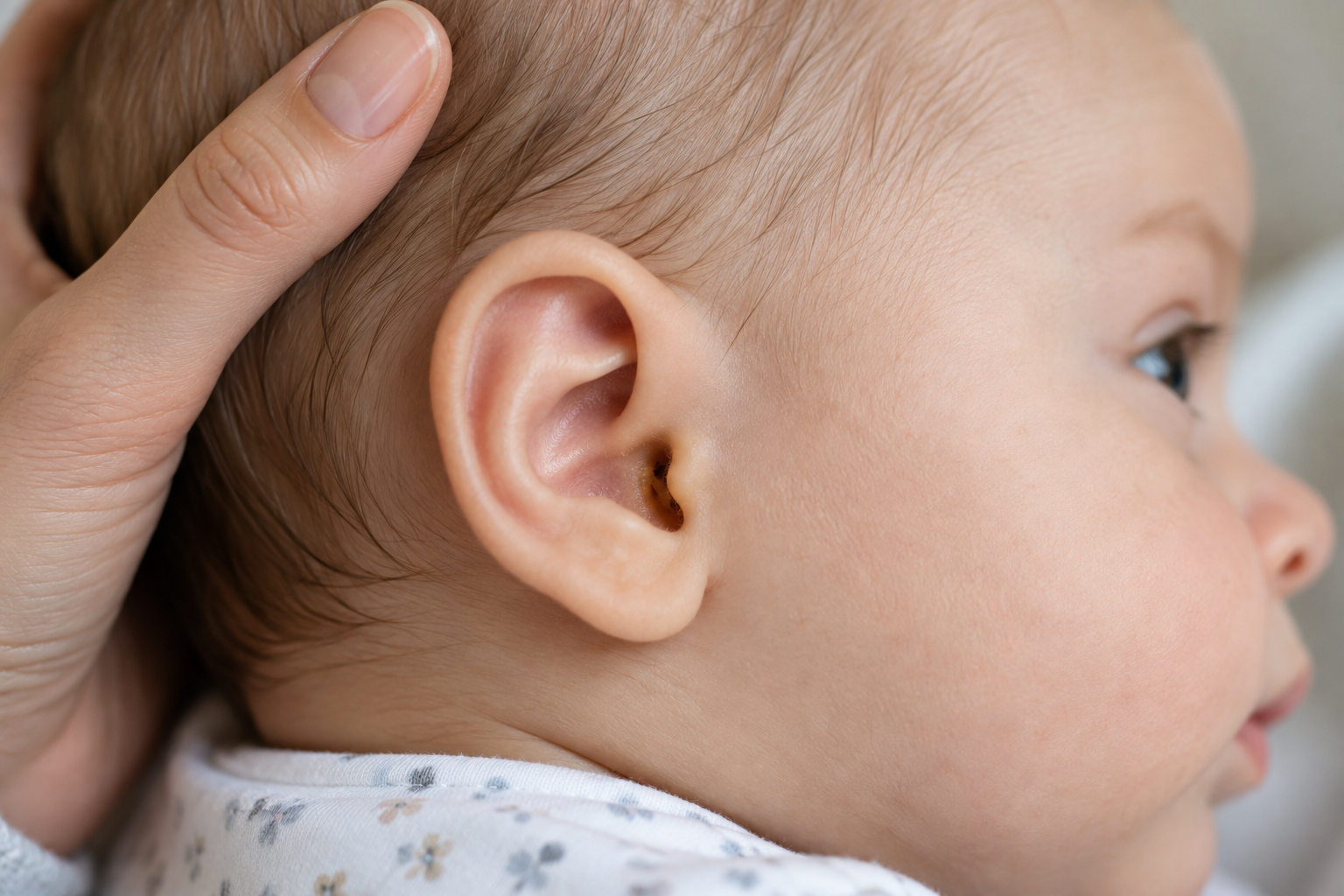 Close-up of a baby's outer ear with a small patch of earwax visible near the ear canal opening and nothing inserted into the ear.