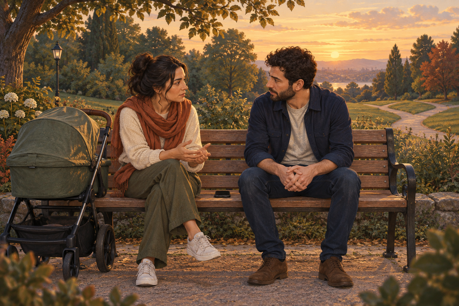 Two adult siblings talk on a park bench beside a stroller, with an unused phone resting face down between them.