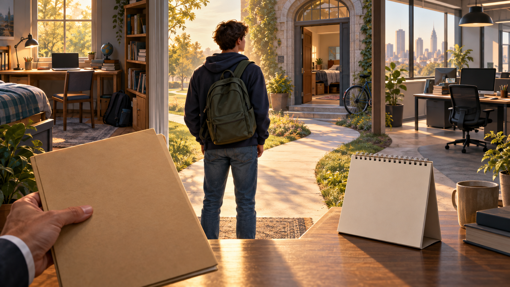 An older teenager carrying a backpack stands at a threshold leading toward study, college, and work settings while an adult holds a legal folder nearby.