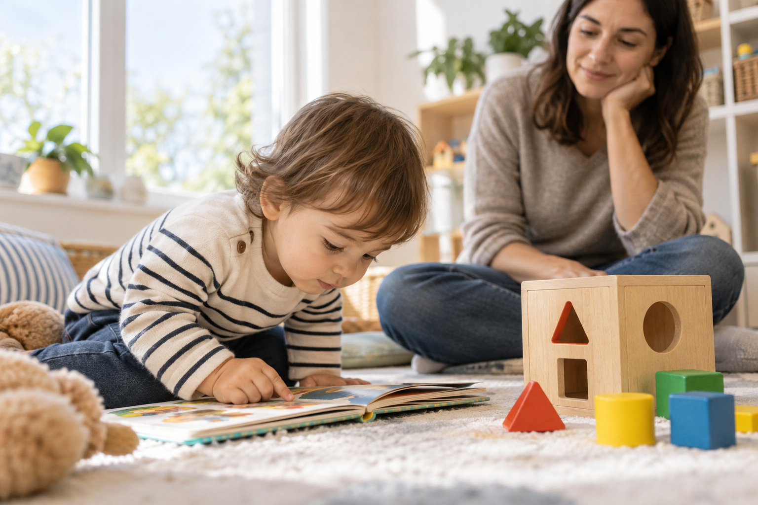 A toddler leans close to a picture book and shape-sorting toy while a parent observes from nearby.