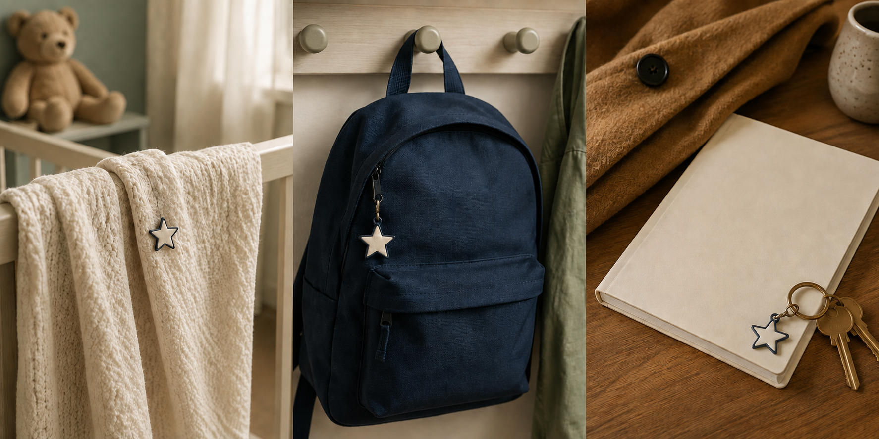 A three-part image shows the same enamel star with a baby blanket, a child's backpack, and an adult's notebook and keys in different everyday settings.