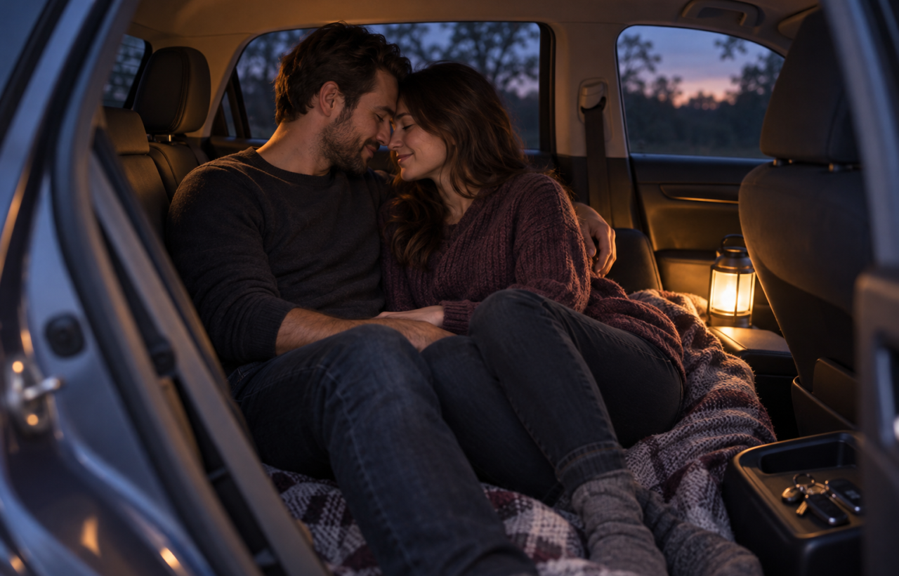 A fully clothed adult couple shares an affectionate moment in the back seat of a parked car at dusk, with a folded blanket and the keys set aside.