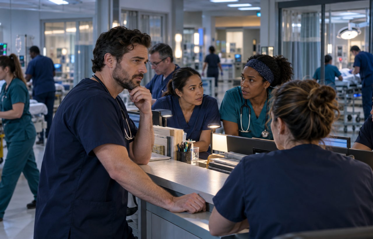 A fictional emergency department team gathers around a nurses' station during a busy night shift.