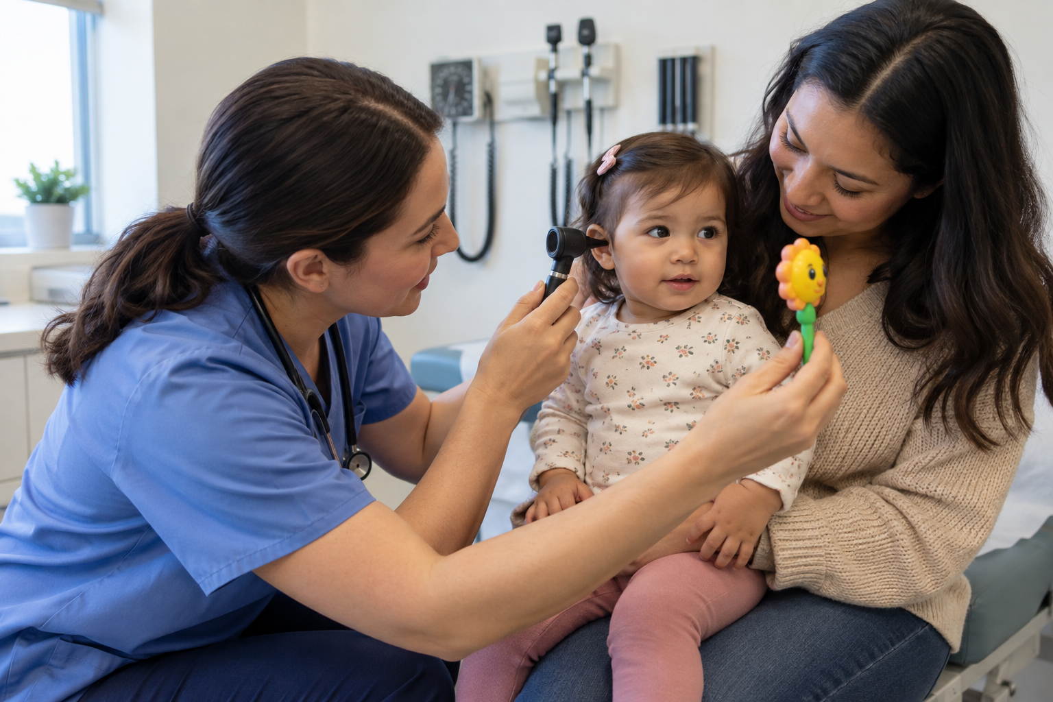 A healthcare professional prepares to examine a toddler's ear and visual attention while the child sits on a caregiver's lap.