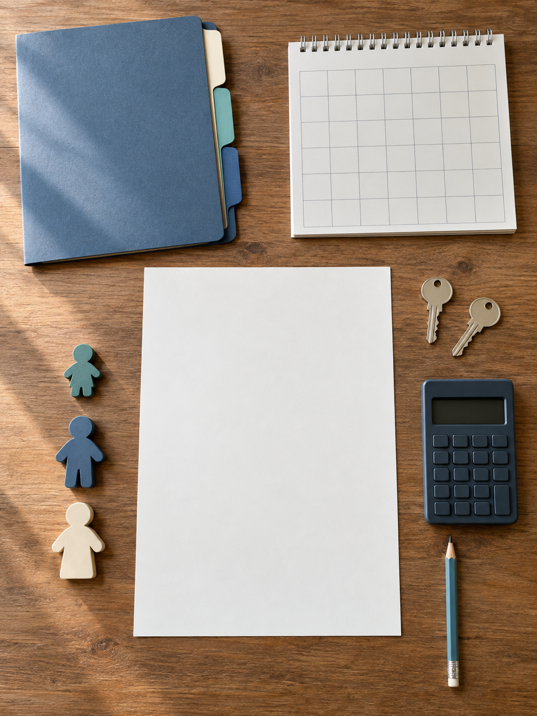A blank decision sheet is arranged with a closed legal folder, unmarked calendar, calculator, pencil, keys, colored tabs, and three small tokens.