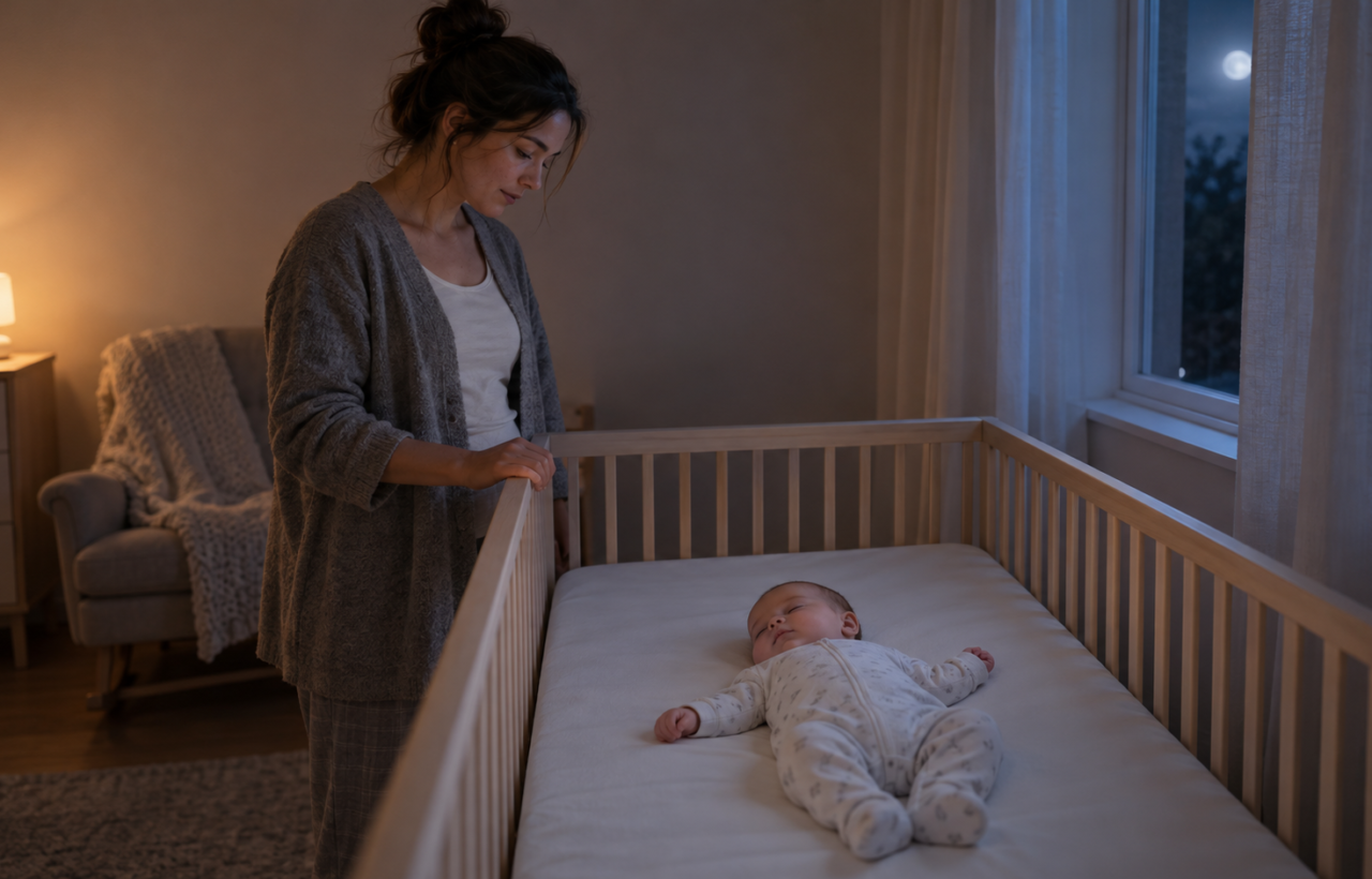 A parent watches a four-month-old baby sleeping on their back in an empty crib in a softly lit nursery.