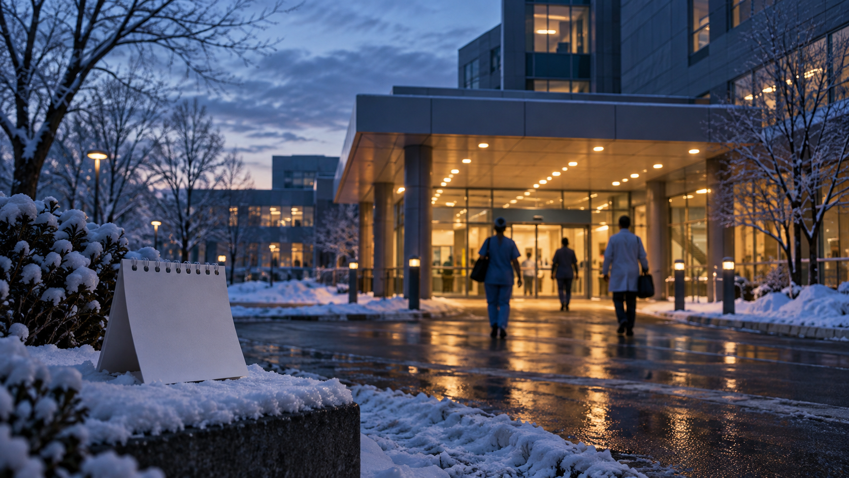 A hospital entrance glows before sunrise on a snowy winter morning, with staff silhouettes approaching and a blank calendar page in the foreground.