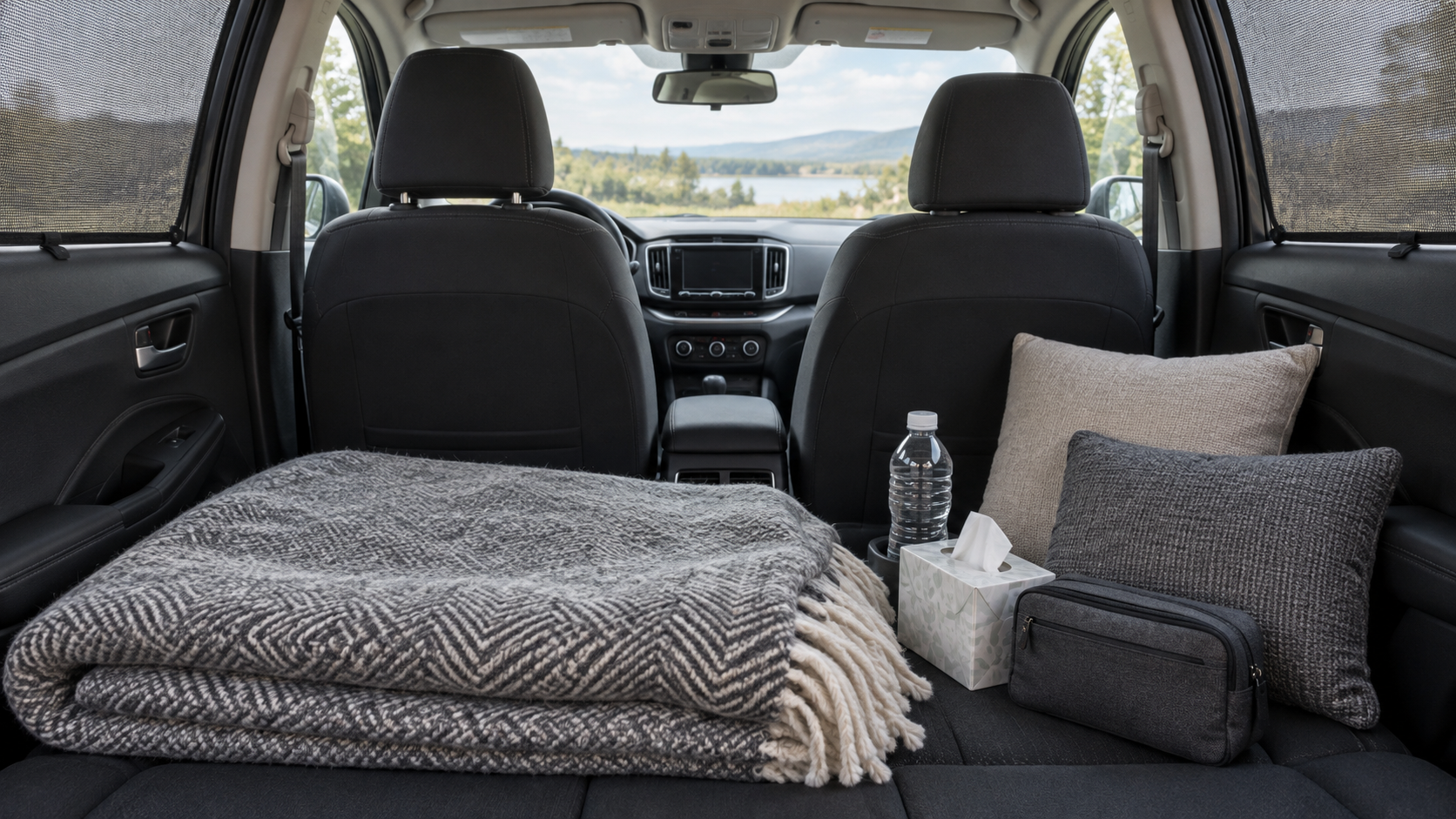 The rear seat of a parked car is prepared with a blanket, supportive cushions, water, tissues, and removable window shades.