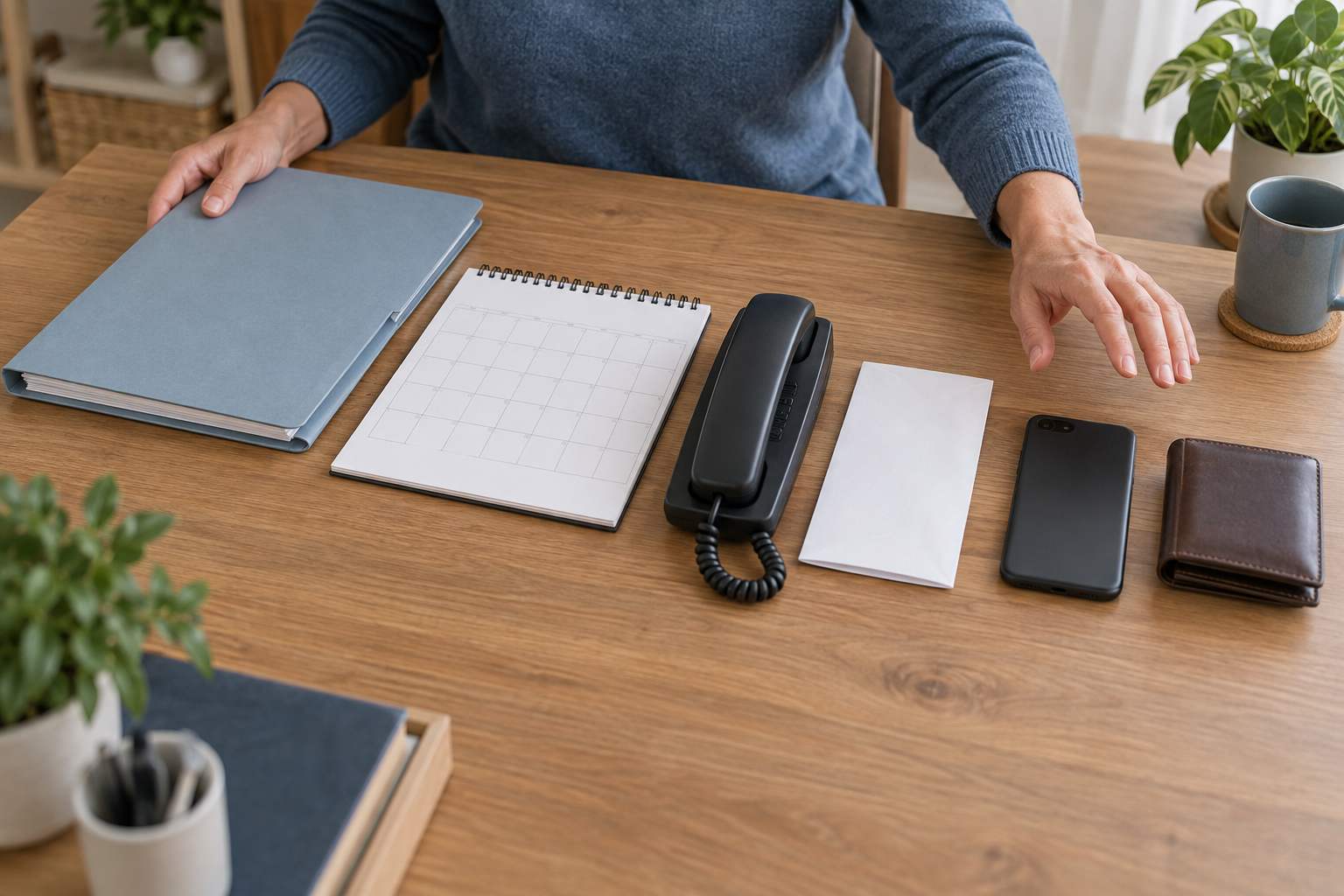 A parent pauses beside a closed wallet and face-down phone while holding a legal folder near an unmarked calendar and telephone.