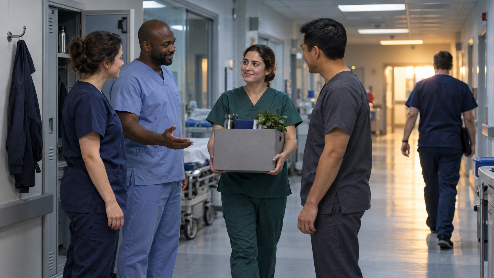 Fictional hospital clinicians conduct a shift handover as one colleague arrives with a box and another walks toward an exit.