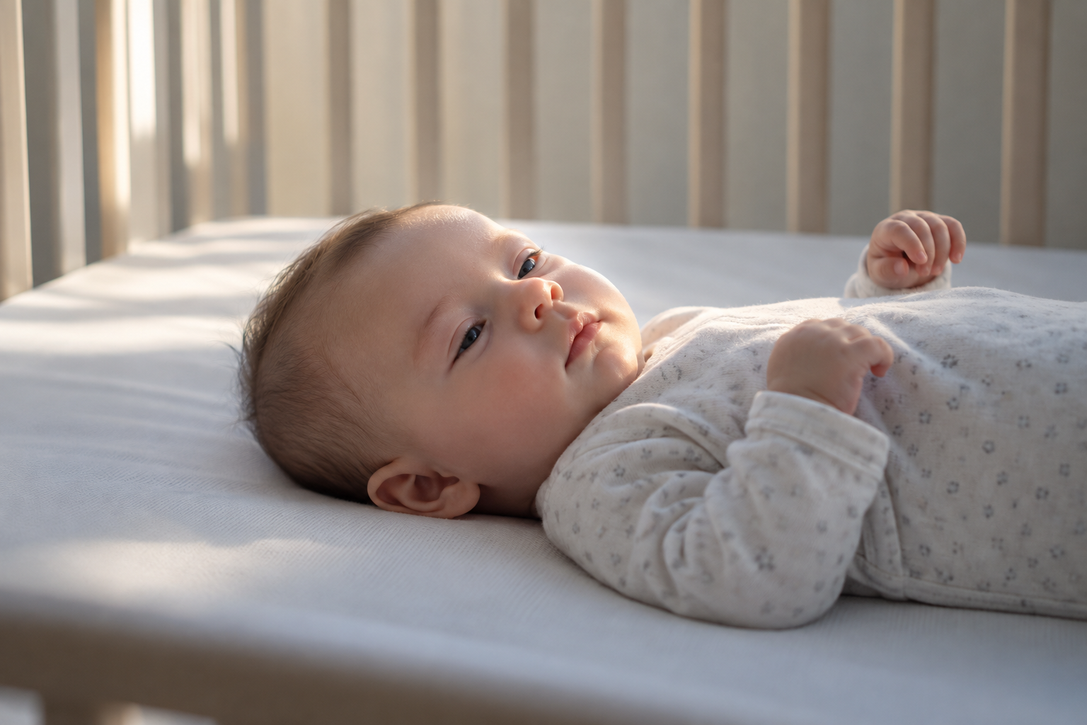 A four-month-old baby begins to stir while lying on their back in an empty crib at dawn.