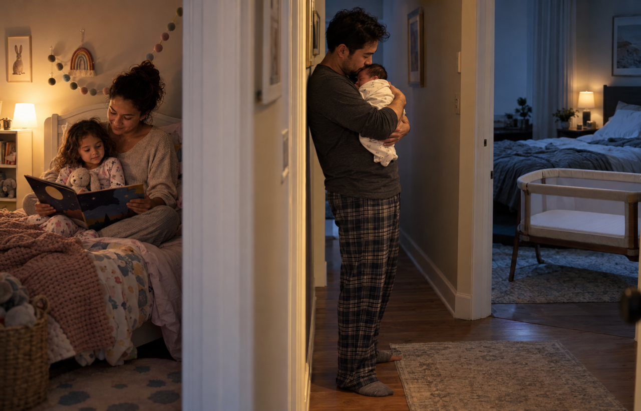 Two parents manage separate evening routines for a preschooler and a newborn in adjoining softly lit bedrooms.