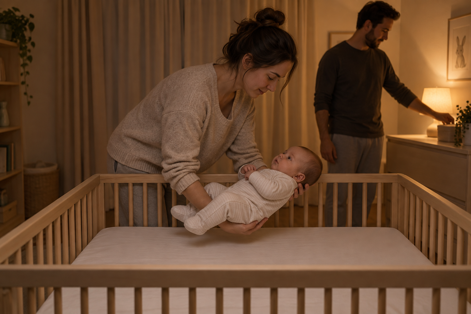 A caregiver lowers a drowsy four-month-old baby into an empty crib during a calm bedtime routine.