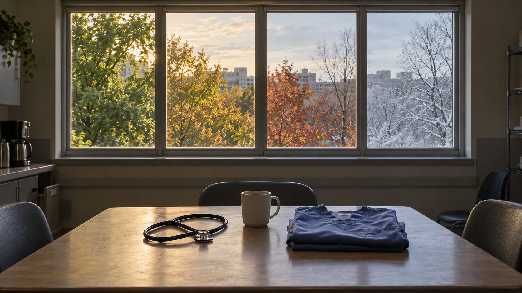 A hospital break-room window shows a gradual change from summer to winter while a stethoscope, coffee cup and folded scrubs remain on the table.