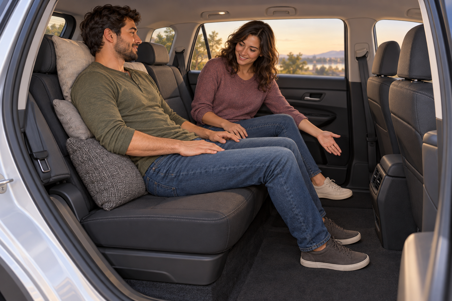 Two fully clothed adults check back support and legroom while seated in the rear of a parked car.