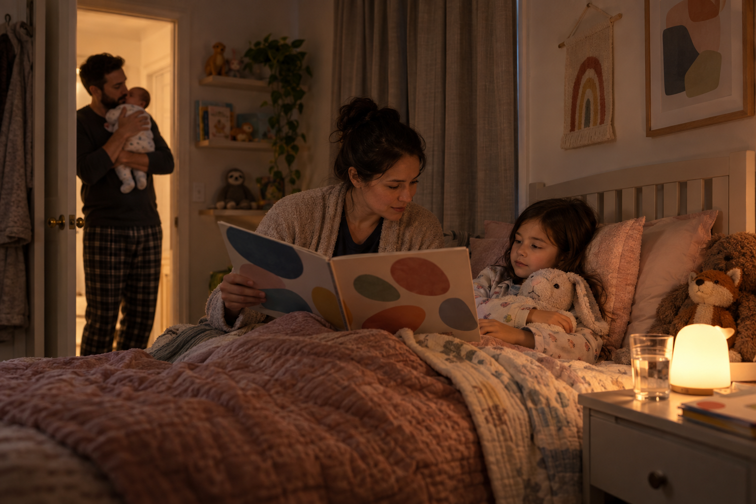 A parent cuddles an older child beside a picture book at bedtime while another adult carries the newborn past the doorway.