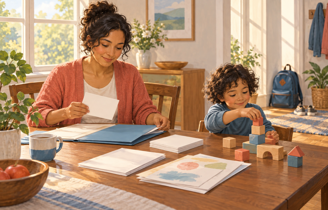 A parent organizes a folder and examples of a child's work at a dining table while the child plays with wooden blocks nearby.