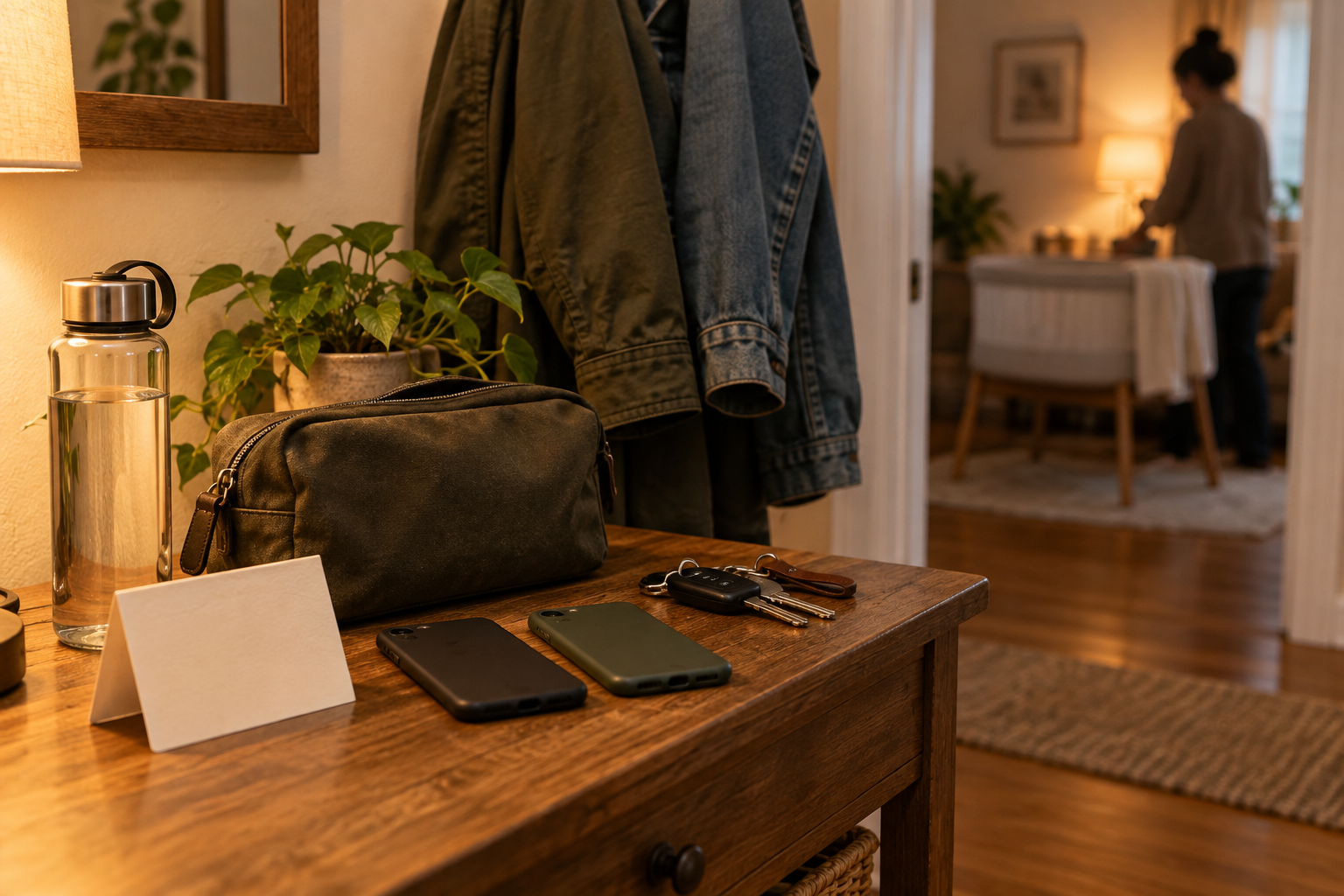 Car keys, phones, water, and a small pouch sit ready on an entryway table while an empty bassinet and an adult caregiver are visible in the background.