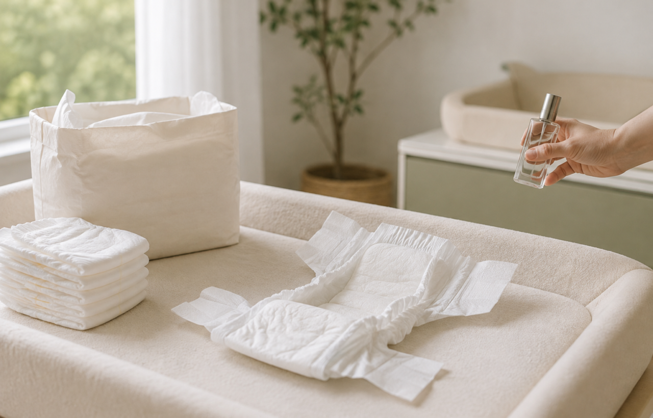 An open white disposable diaper on a nursery changing pad as a hand moves an unlabeled perfume bottle away.