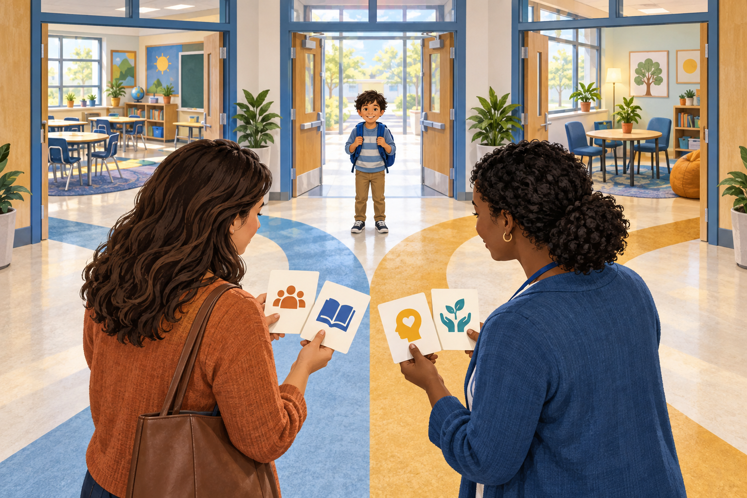 A parent and school professional consider two support pathways in a school while a child is visible in a nearby classroom.