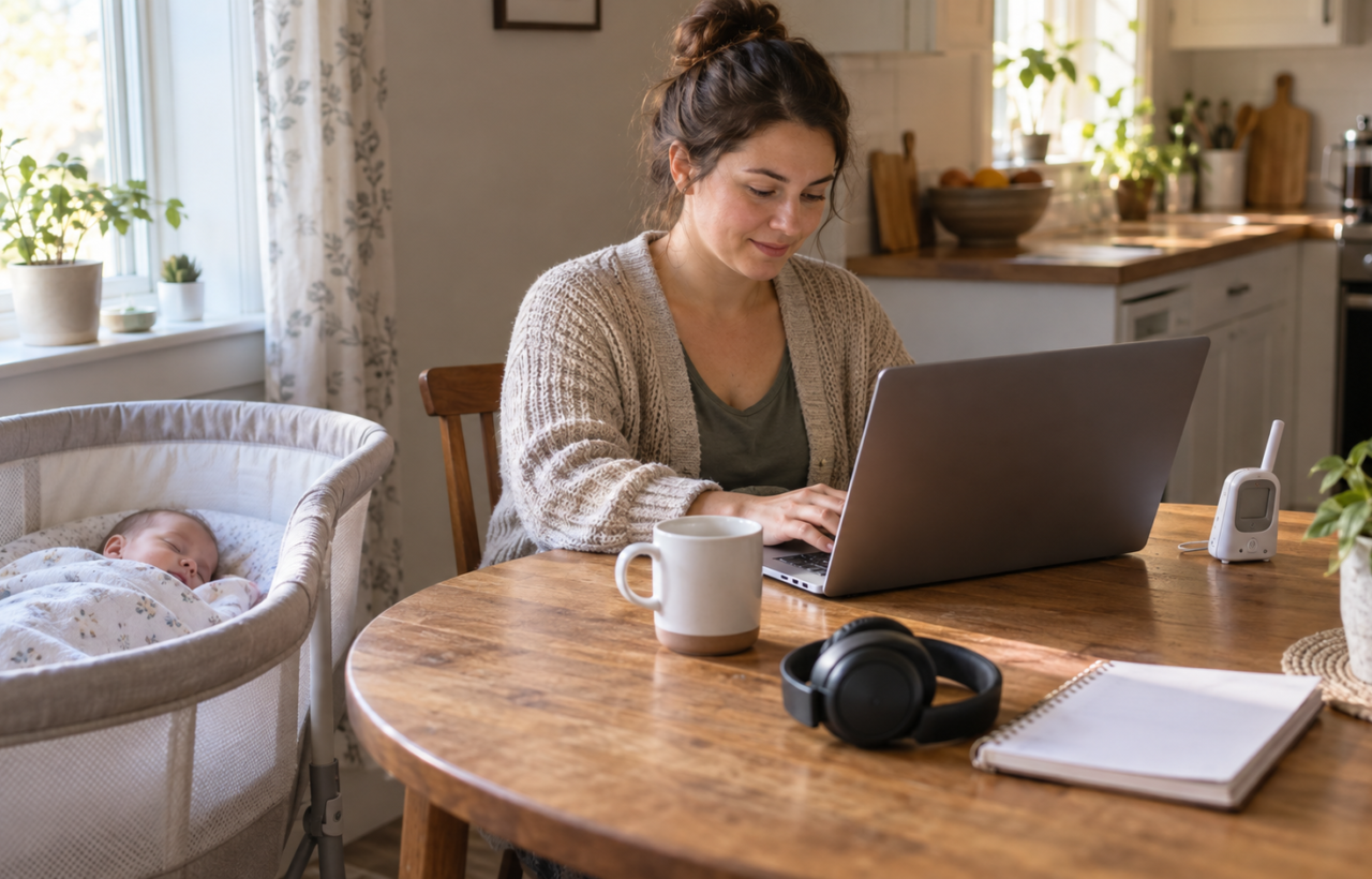 A parent works on a laptop at a kitchen table while a baby sleeps in a bassinet nearby.