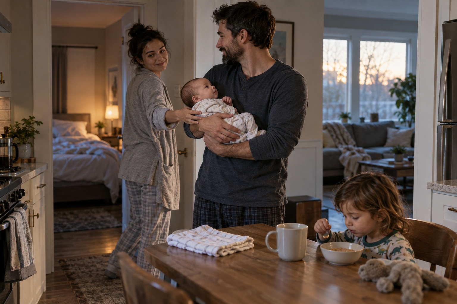 One parent hands the newborn to the other at dawn while an older child eats breakfast and the off-duty parent goes to rest.